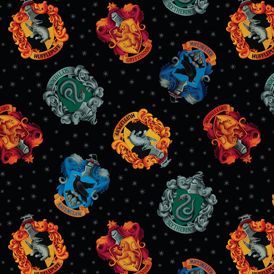 108" Wide Quilt Backing Harry Potter House Crests Black from Benartex 3 YARD CUT