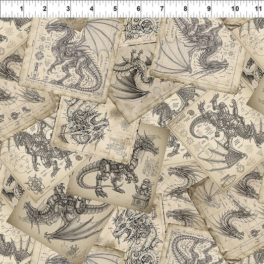 Dragons - Steampunk Dynasty Schematics Beige