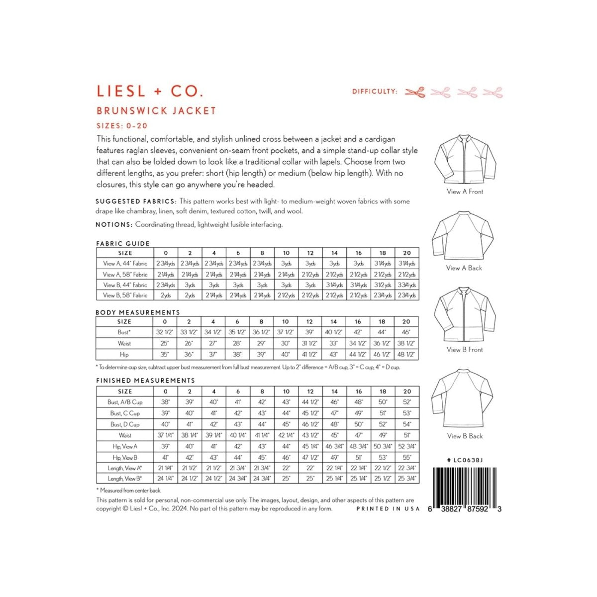 Brunswick Jacket Pattern Sizes 0 - 20 - Liesl + Co. from Fort Worth Fabric Studio