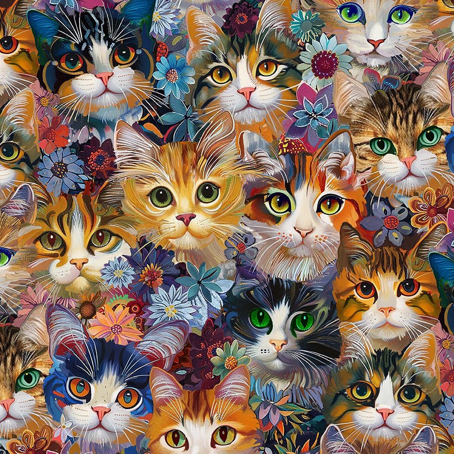 Calico Cat Packed Cats & Florals Natural - Timeless Treasures from Fort Worth Fabric Studio