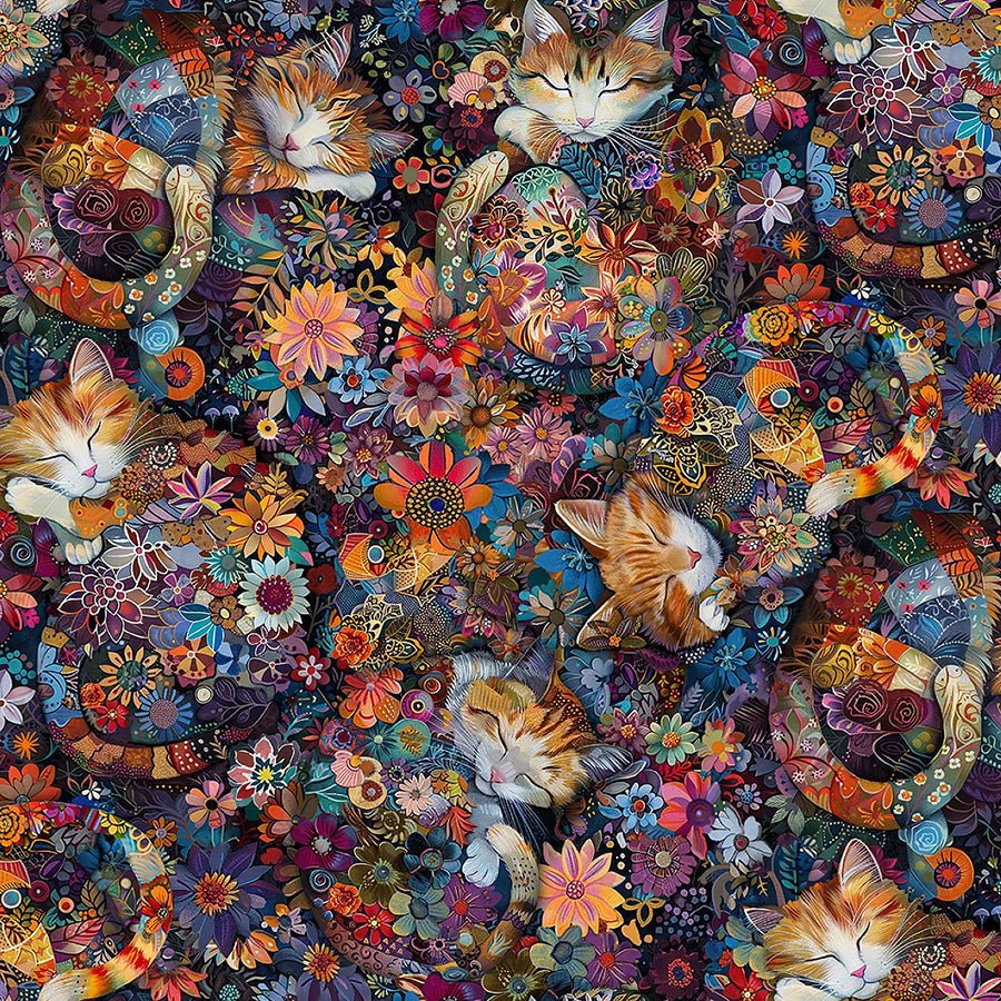 Calico Cat Sleeping Cats & Florals Multi - Timeless Treasures from Fort Worth Fabric Studio