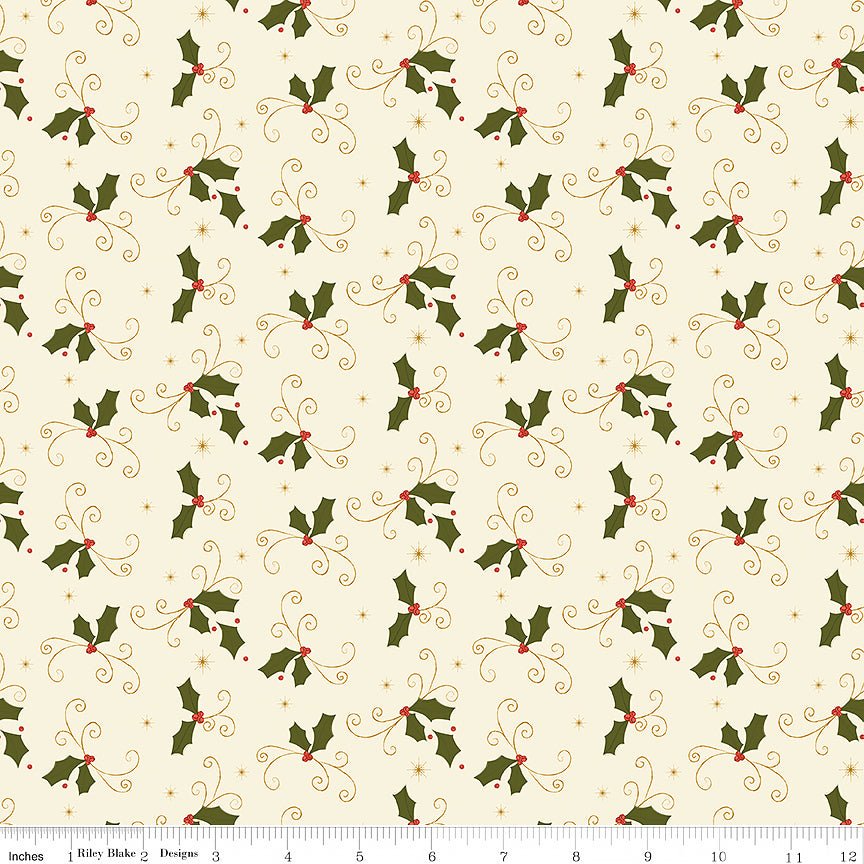 Christmas Greetings Holly Cream - Riley Blake from Fort Worth Fabric Studio