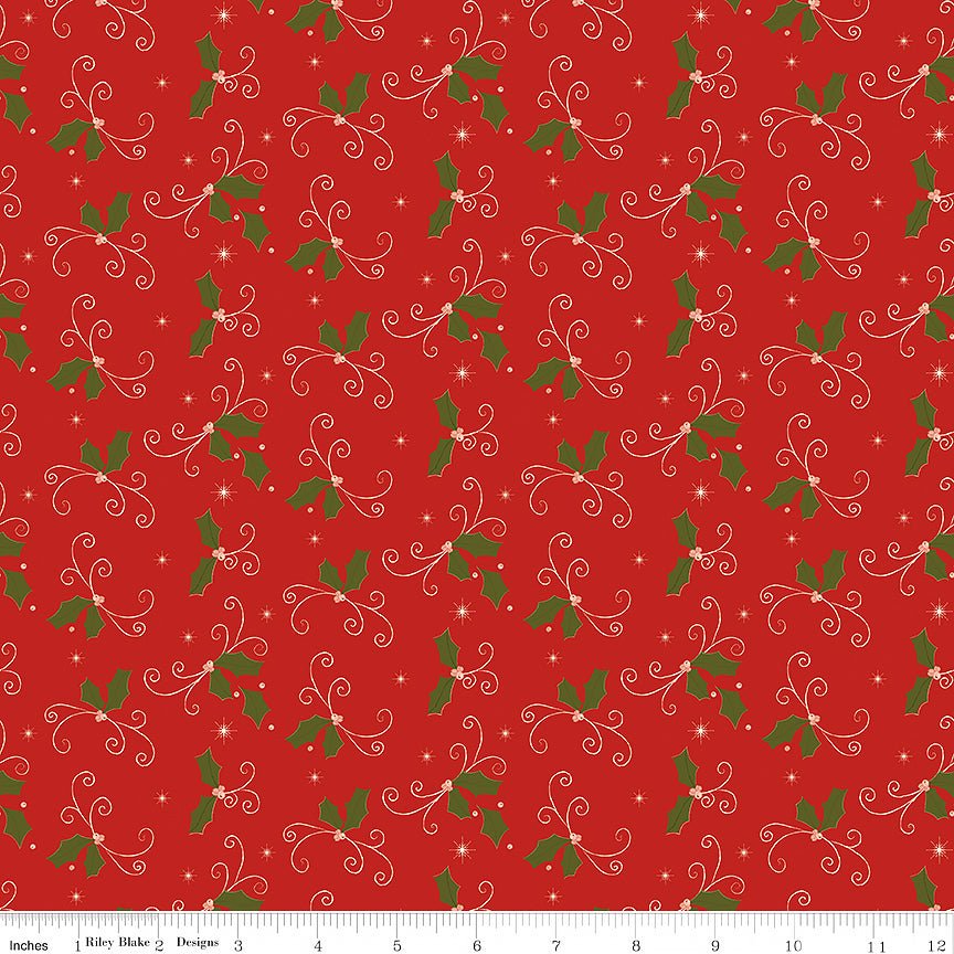 Christmas Greetings Holly Red - Riley Blake from Fort Worth Fabric Studio