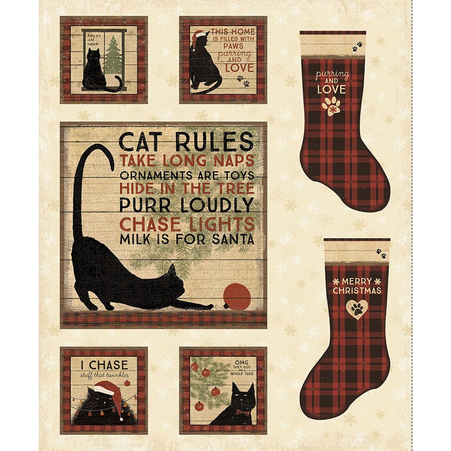 Christmas Tails 36" Cat Rules Panel Butter - Clothworks from Fort Worth Fabric Studio