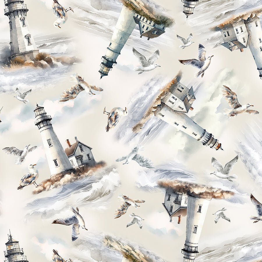 Coastal Escape Lighthouses Neutral - Benartex from Fort Worth Fabric Studio