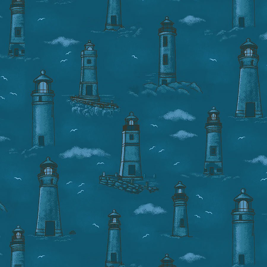 Coastal Guardians Lighthouses Blue - Henry Glass from Fort Worth Fabric Studio