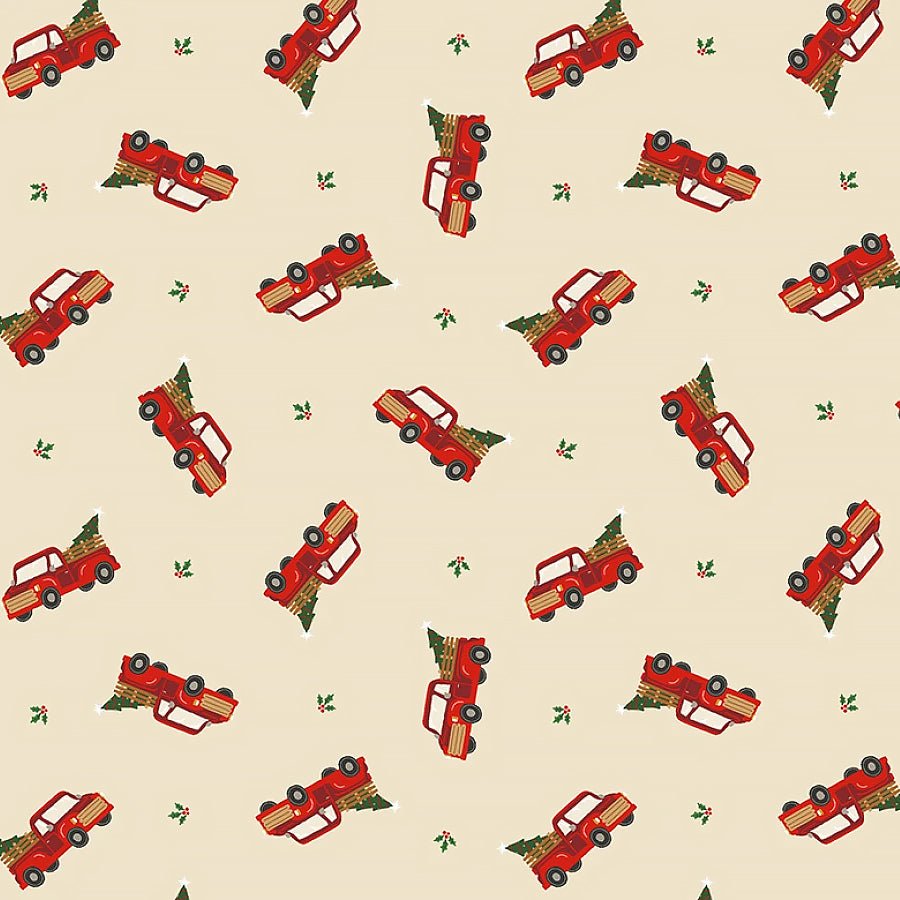 Cowboy Christmas Tossed Red Holiday Truck Beige - Timeless Treasures from Fort Worth Fabric Studio