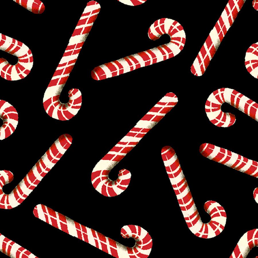 Dancing Santas Peppermint Party Black - 3 Wishes Fabric from Fort Worth Fabric Studio