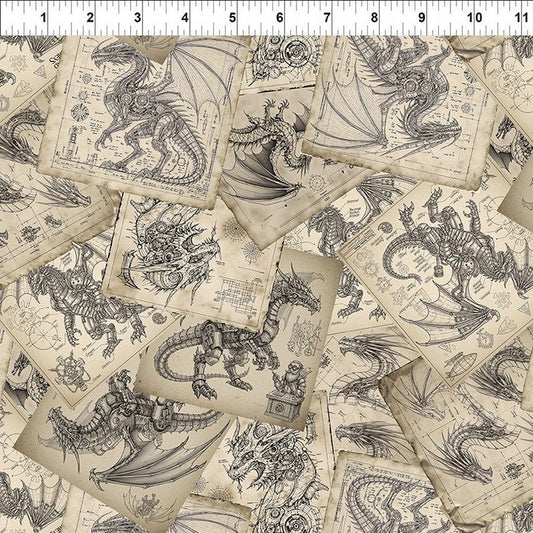 Dragons - Steampunk Dynasty Schematics Beige - In The Beginning from Fort Worth Fabric Studio