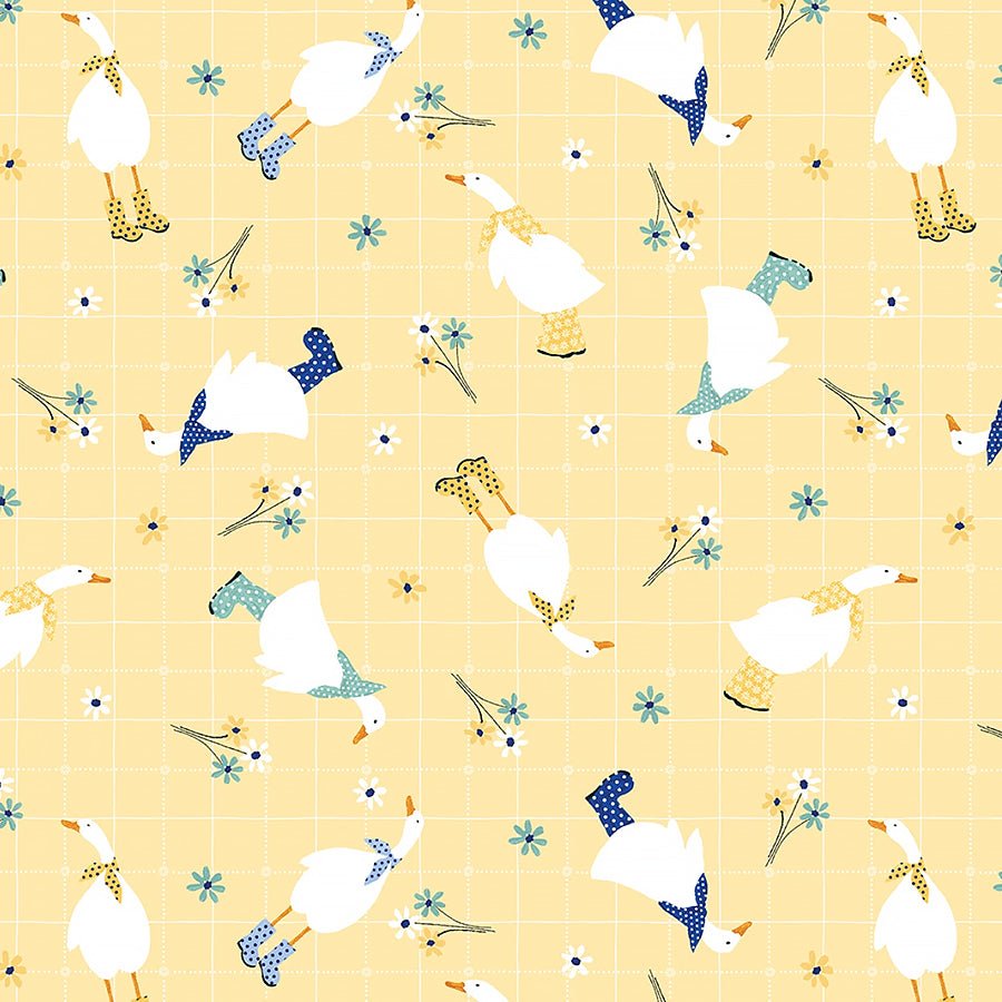 Ducks in the Rain Small Ducks in Bandanas Yellow - Blank Quilting from Fort Worth Fabric Studio