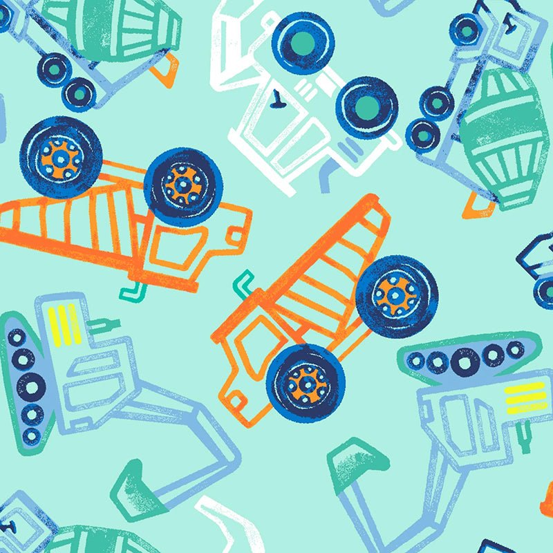 Dump, Dig & Rumble Flannel Busy Builders Turquoise - 3 Wishes Fabric from Fort Worth Fabric Studio