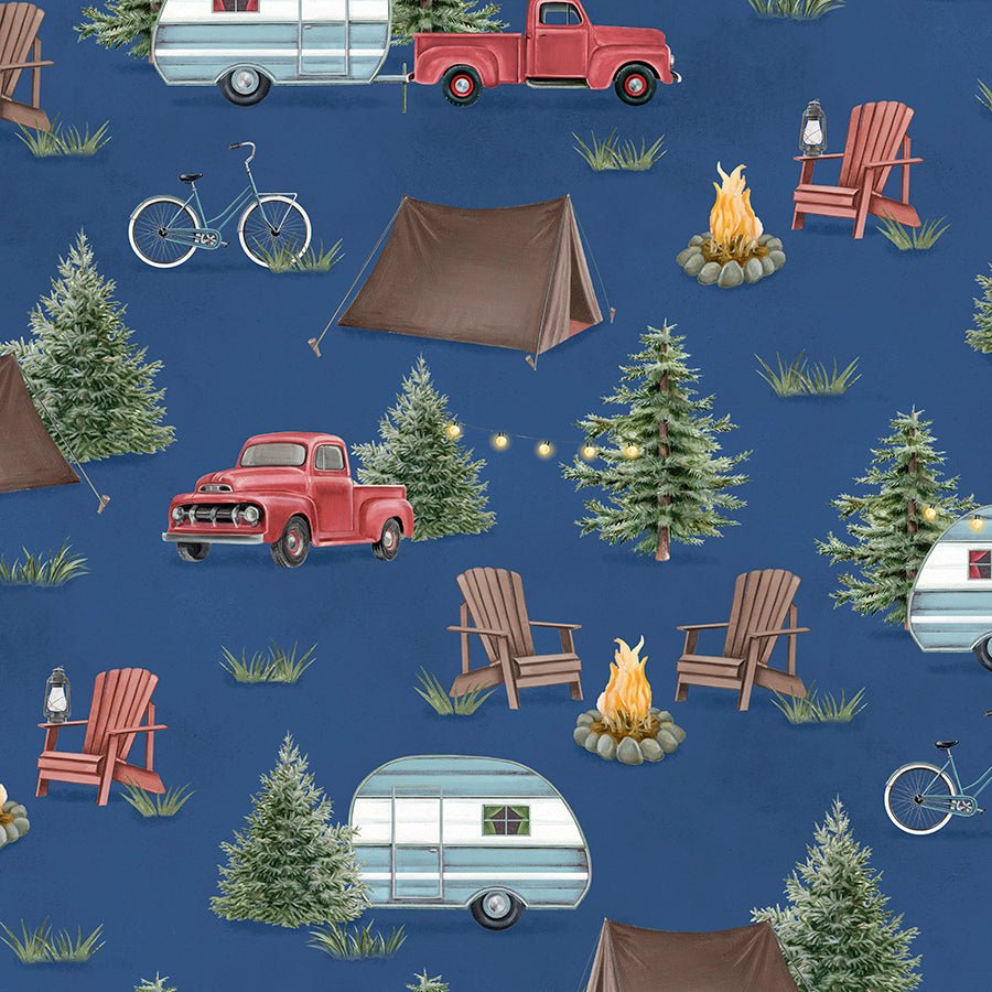 Evergreen Escape Camping Scenic All Over Navy - Wilmington Prints from Fort Worth Fabric Studio