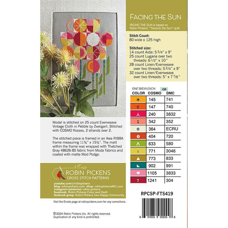 Facing the Sun Cross Stitch Pattern by Robin Pickens - Robin Pickens from Fort Worth Fabric Studio