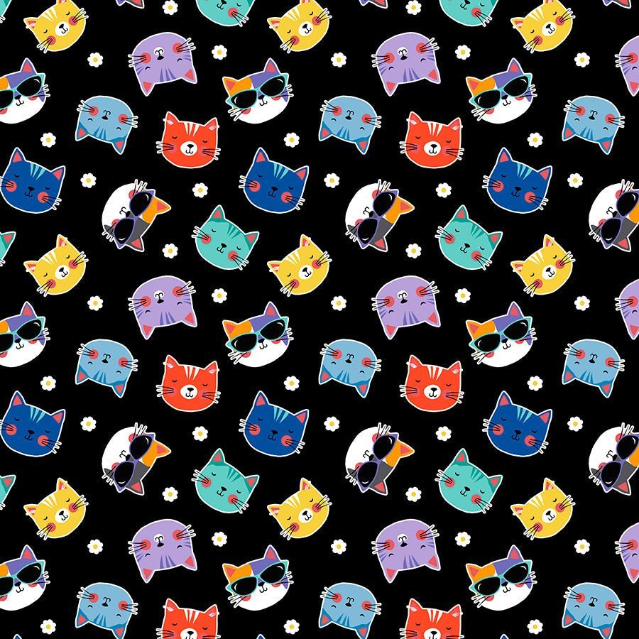 Fe-Line Frisky Cat Heads Black – Remnant 34″ × 44″ - Wilmington Prints from Fort Worth Fabric Studio