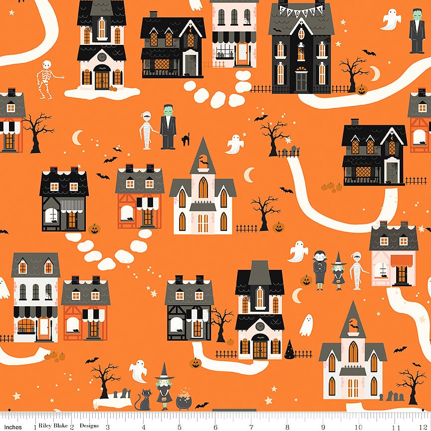 Frank & Friends Houses Orange - Riley Blake from Fort Worth Fabric Studio
