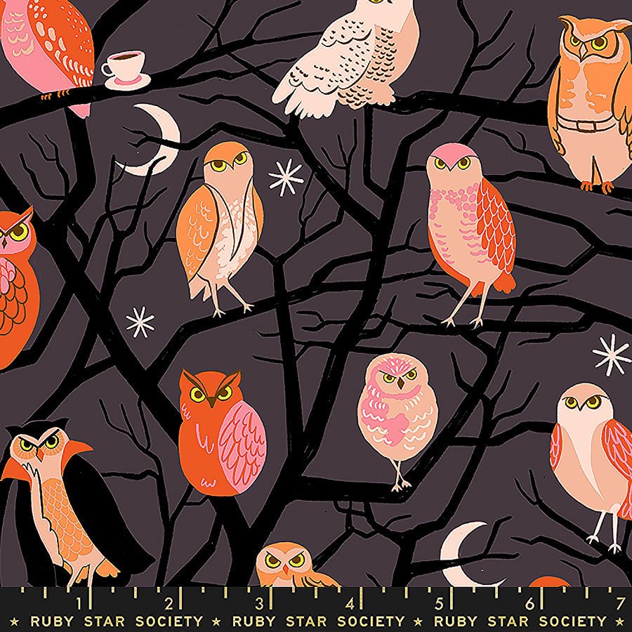 Freaky Familiars Owls & Trees Eggplant - Ruby Star Society from Fort Worth Fabric Studio