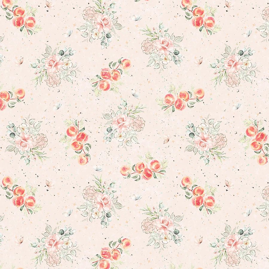 Fruits & Blossoms Floral & Peaches Toss Parchment - Blank Quilting from Fort Worth Fabric Studio