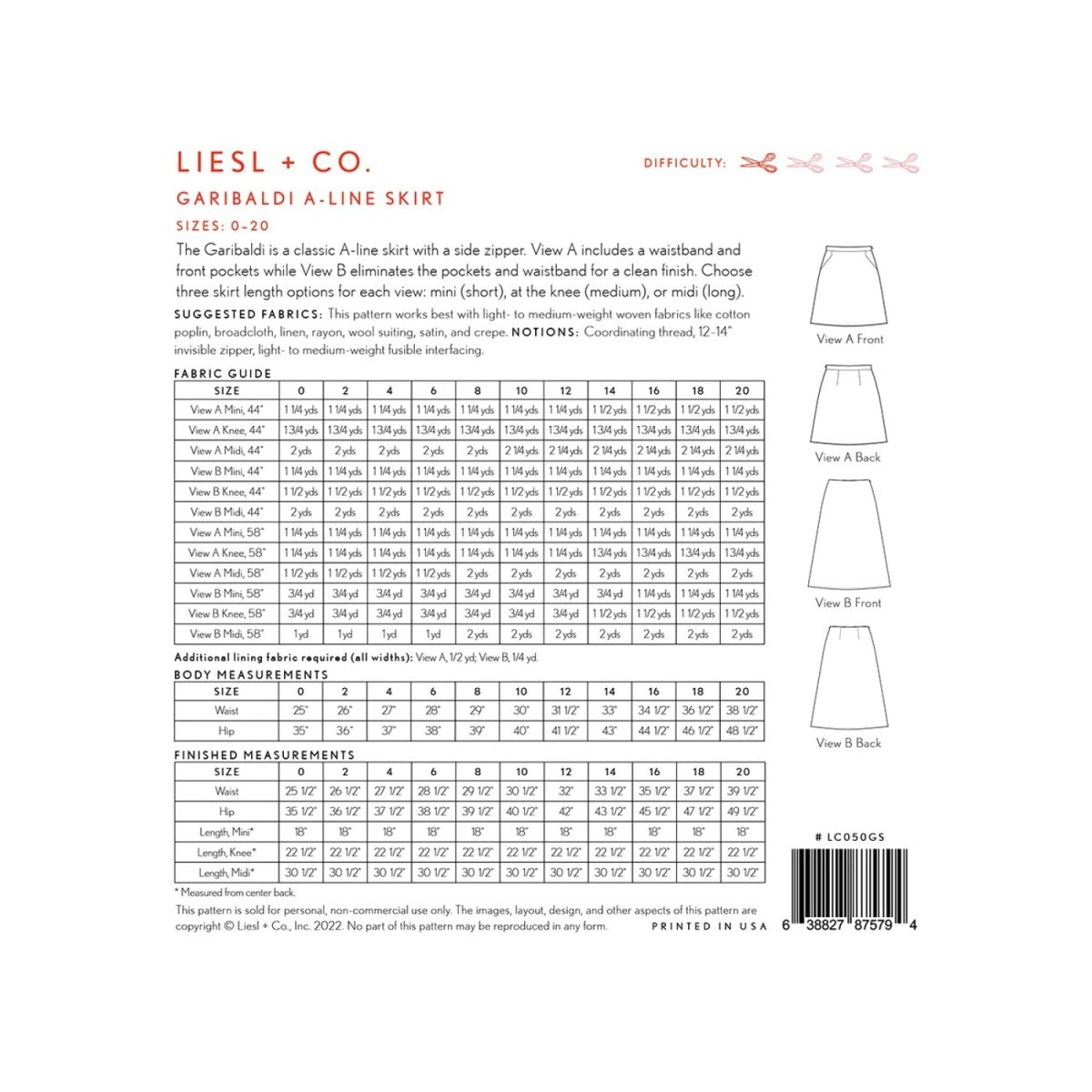 Garibaldi A - Line Skirt Pattern Sizes 0 - 20 - Liesl + Co. from Fort Worth Fabric Studio