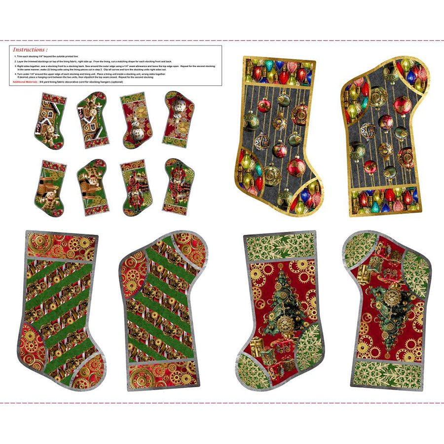 Gears & Garland 36" Stockings Panel Red - Blank Quilting from Fort Worth Fabric Studio