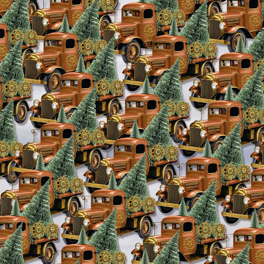 Gears & Garland Christmas Tree Trucks Copper - Blank Quilting from Fort Worth Fabric Studio