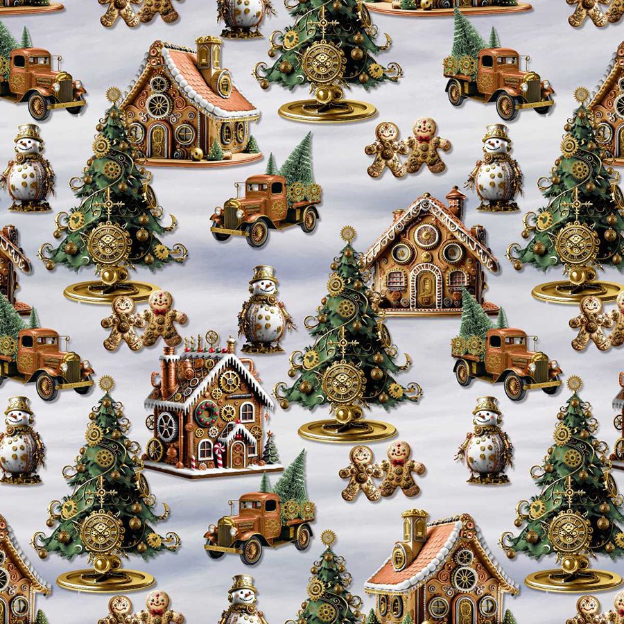 Gears & Garland Gingerbread Houses Light Gray - Blank Quilting from Fort Worth Fabric Studio