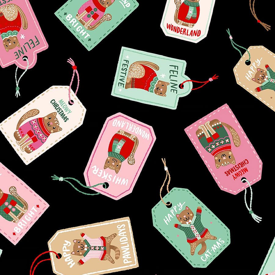 Ginger Cat Christmas Gingerbread Cat Gift Tags Black - Timeless Treasures from Fort Worth Fabric Studio