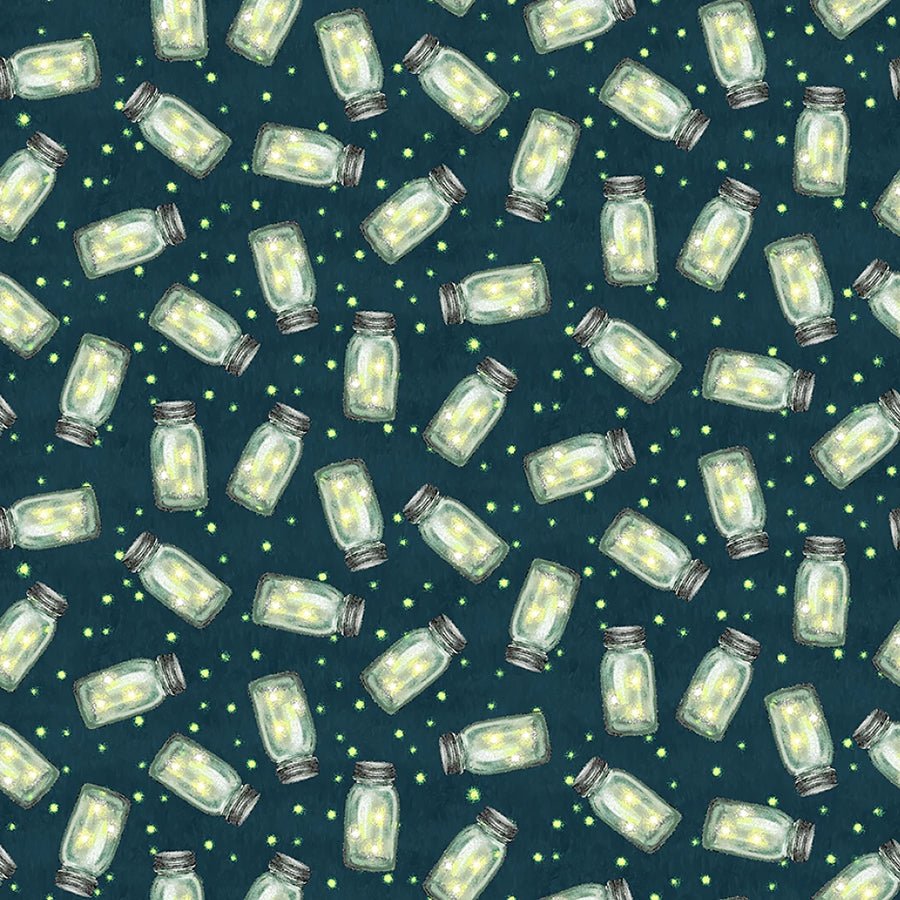 Happy Campers Fireflies Lime/Dark Teal - Henry Glass from Fort Worth Fabric Studio