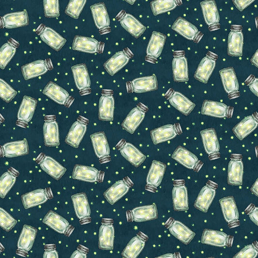 Happy Campers Fireflies Lime/Dark Teal - Henry Glass from Fort Worth Fabric Studio
