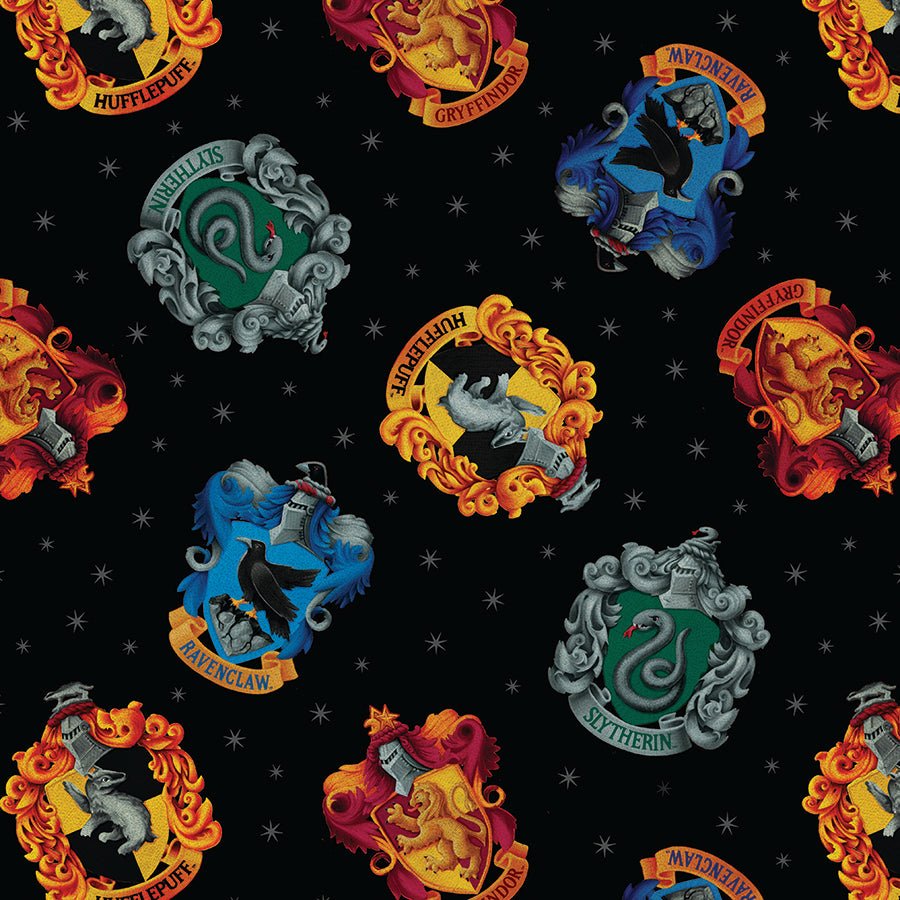 Harry Potter House Crests Black - Benartex from Fort Worth Fabric Studio