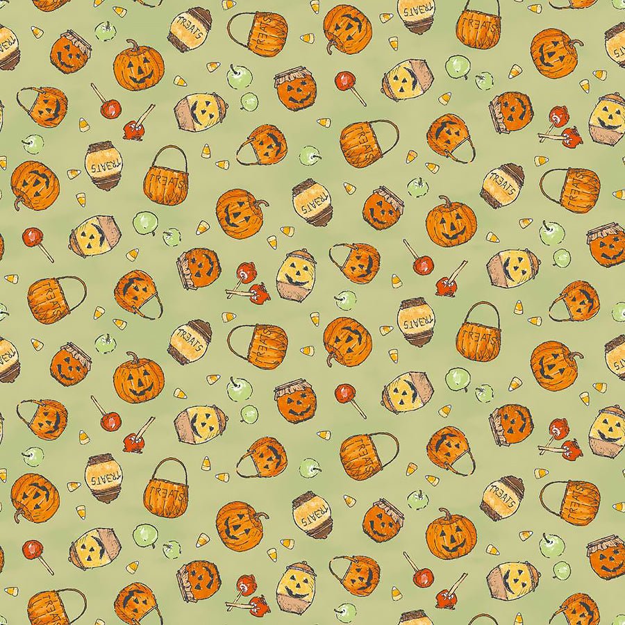 Haunted Acre Wood Pumpkins & Pots Green - Studio E from Fort Worth Fabric Studio