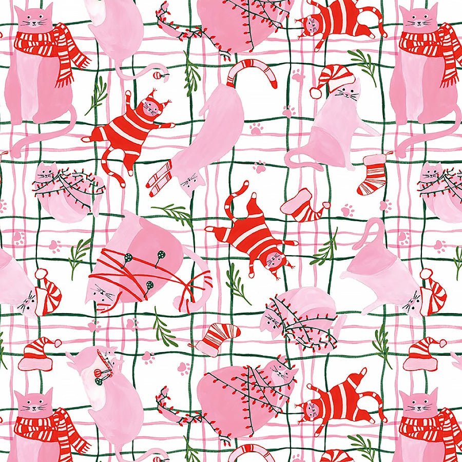 Here Comes Santa Claws Holiday Cats on Plaid White - Timeless Treasures from Fort Worth Fabric Studio