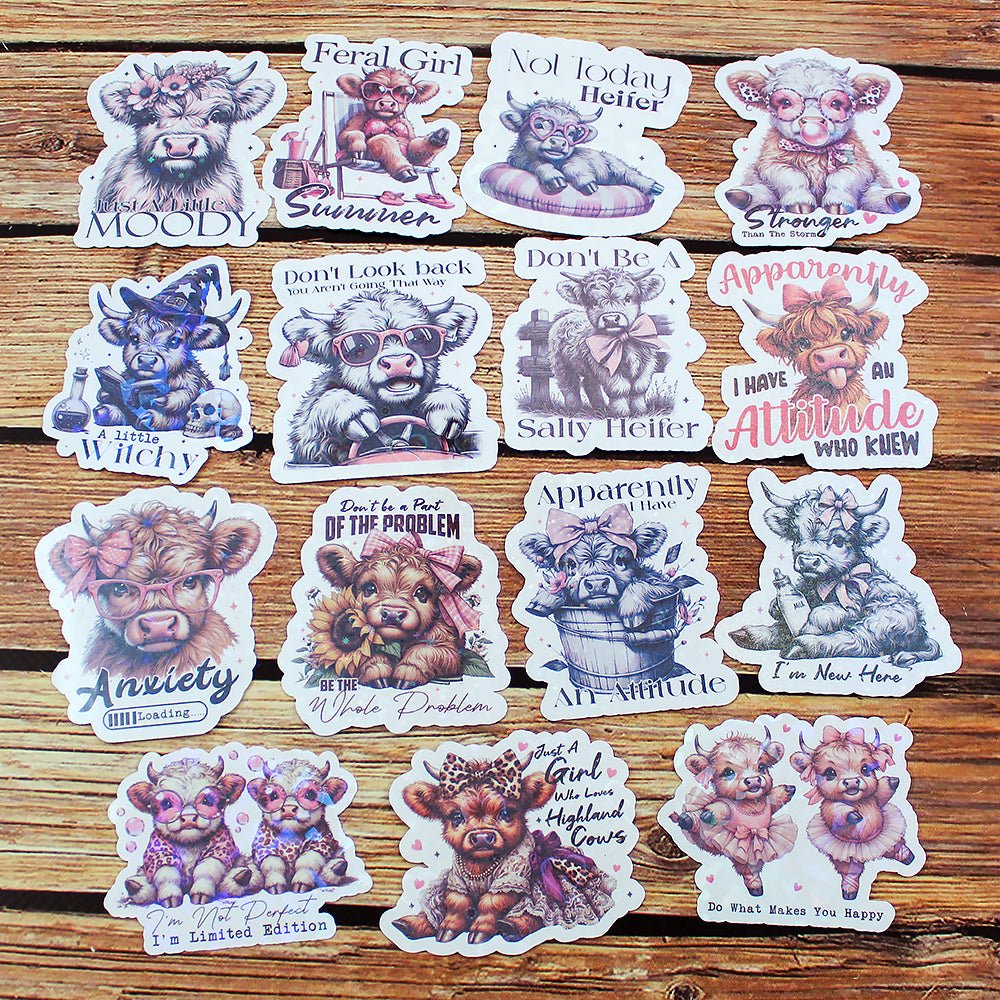 Highland Cow Theme Stickers Pack of 15 - Ohana Original Crafts from Fort Worth Fabric Studio