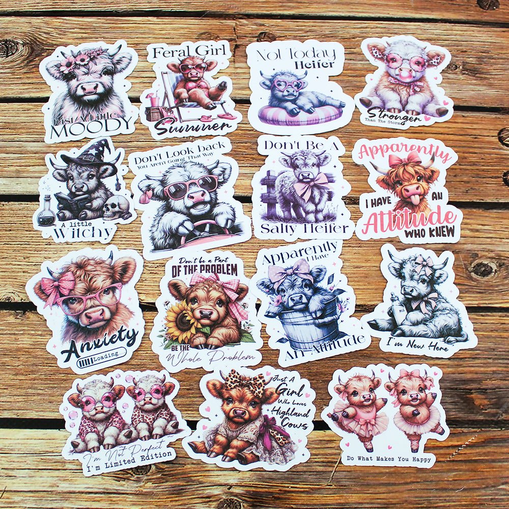 Highland Cow Theme Stickers Pack of 15 - Ohana Original Crafts from Fort Worth Fabric Studio