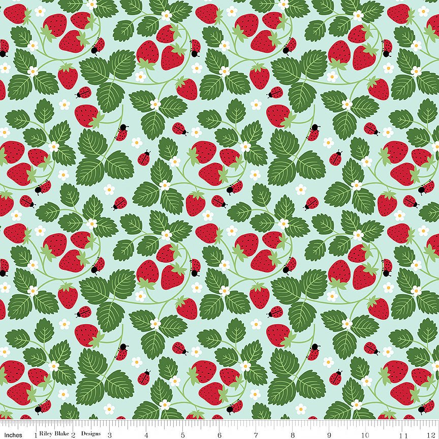 Little Ladybug Strawberries Blue - Riley Blake from Fort Worth Fabric Studio