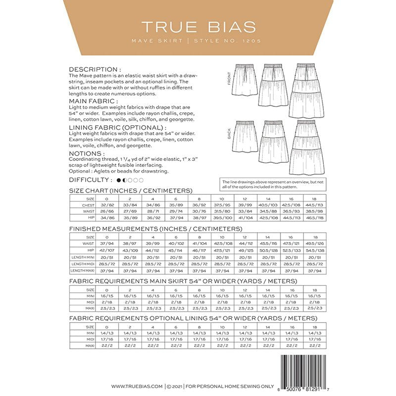 Mave Skirt Pattern Sizes 0 - 18 - True Bias from Fort Worth Fabric Studio