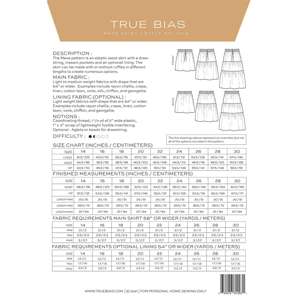 Mave Skirt Pattern Sizes 14 - 30 - True Bias from Fort Worth Fabric Studio