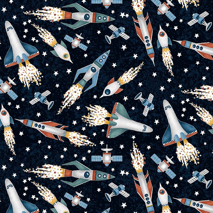 Milky Way Tossed Rockets Navy Glow in the Dark - Henry Glass from Fort Worth Fabric Studio