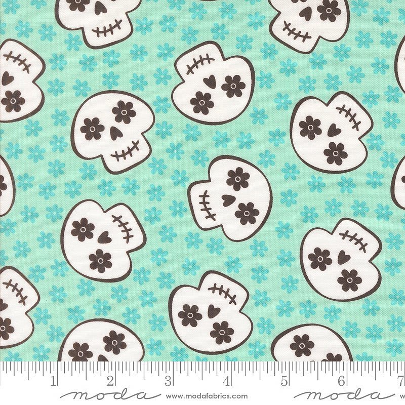 Moda Fab - Boo - Lous Skull Flowers Aqua 1 Yard Cut - Moda from Fort Worth Fabric Studio