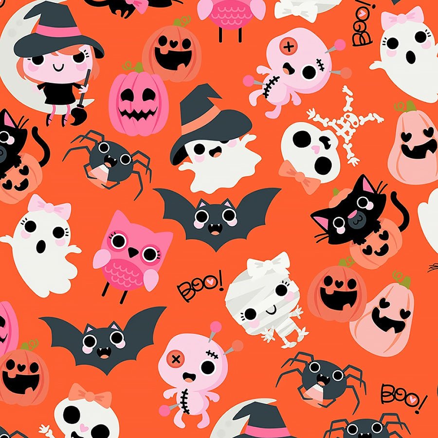 Not Scary Boos with Bows Orange - Poppie Cotton from Fort Worth Fabric Studio