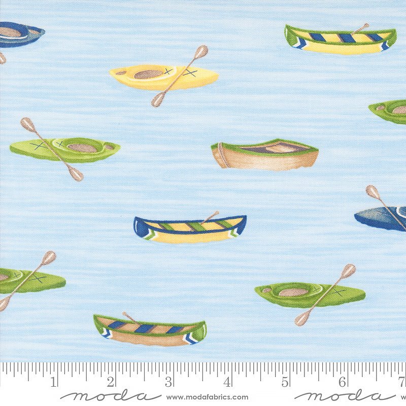 On Lake Time Canoes & Kayaks Sky Blue - Moda from Fort Worth Fabric Studio