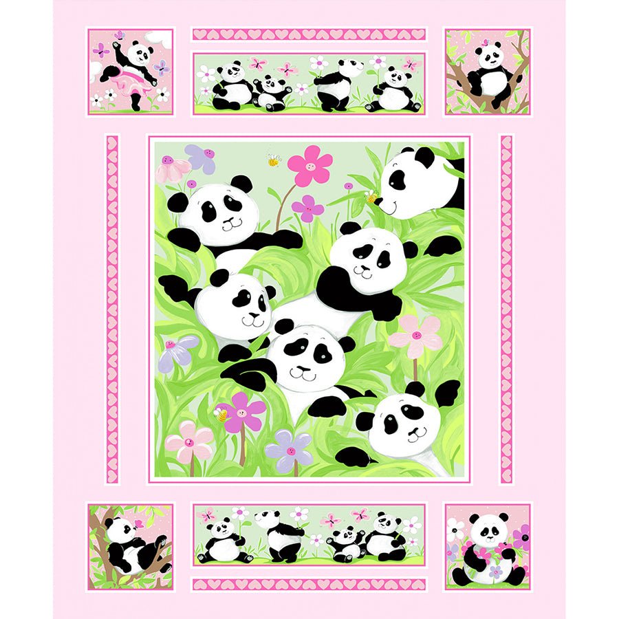 Panda Party 36" Panel Pink - Susybee Fabrics from Fort Worth Fabric Studio