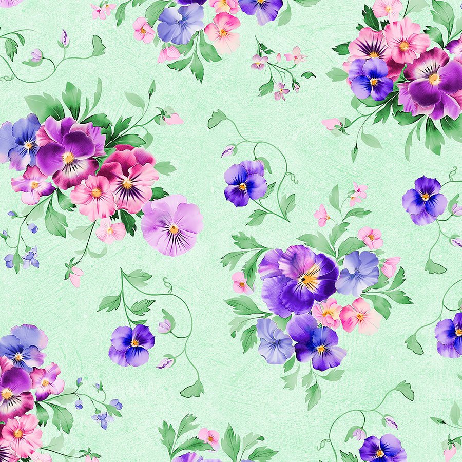Pansy Fields Bouquets Green - Wilmington Prints from Fort Worth Fabric Studio