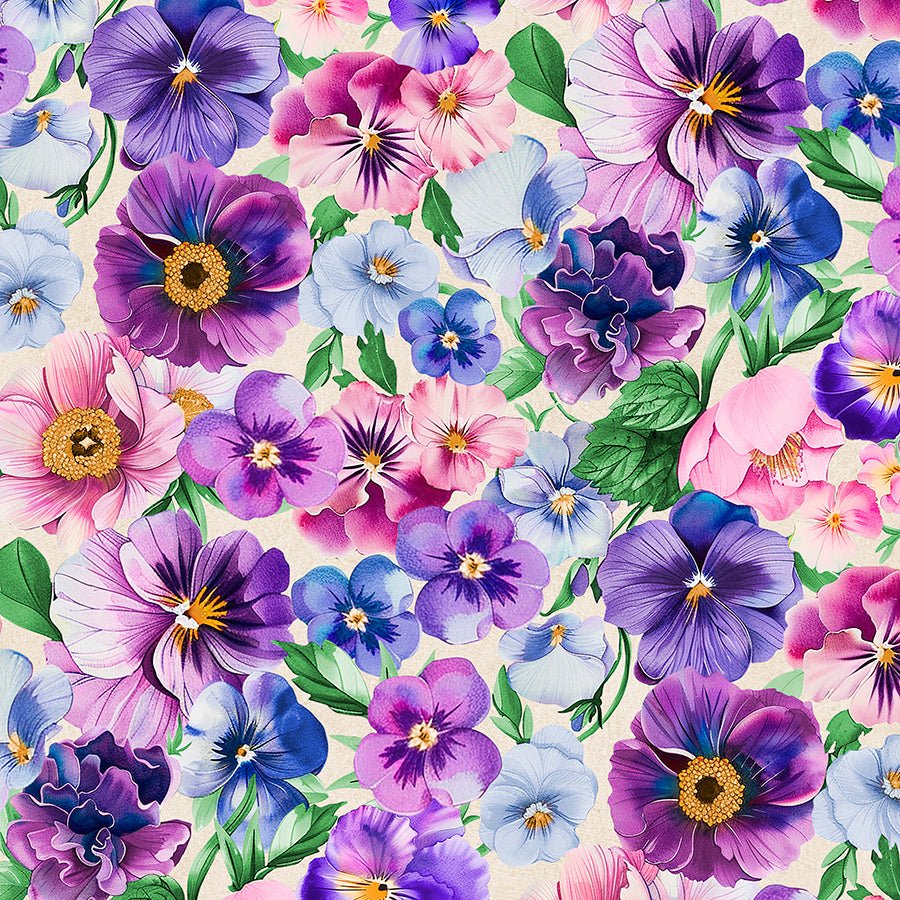 Pansy Fields Packed Florals Cream - Wilmington Prints from Fort Worth Fabric Studio