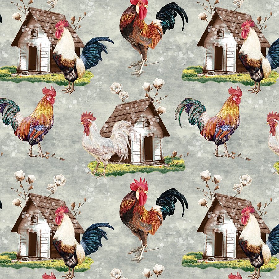 Pastoral Serenade Roosters Around Homes Grey - Blank Quilting from Fort Worth Fabric Studio