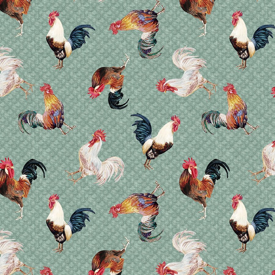 Pastoral Serenade Roosters Green - Blank Quilting from Fort Worth Fabric Studio
