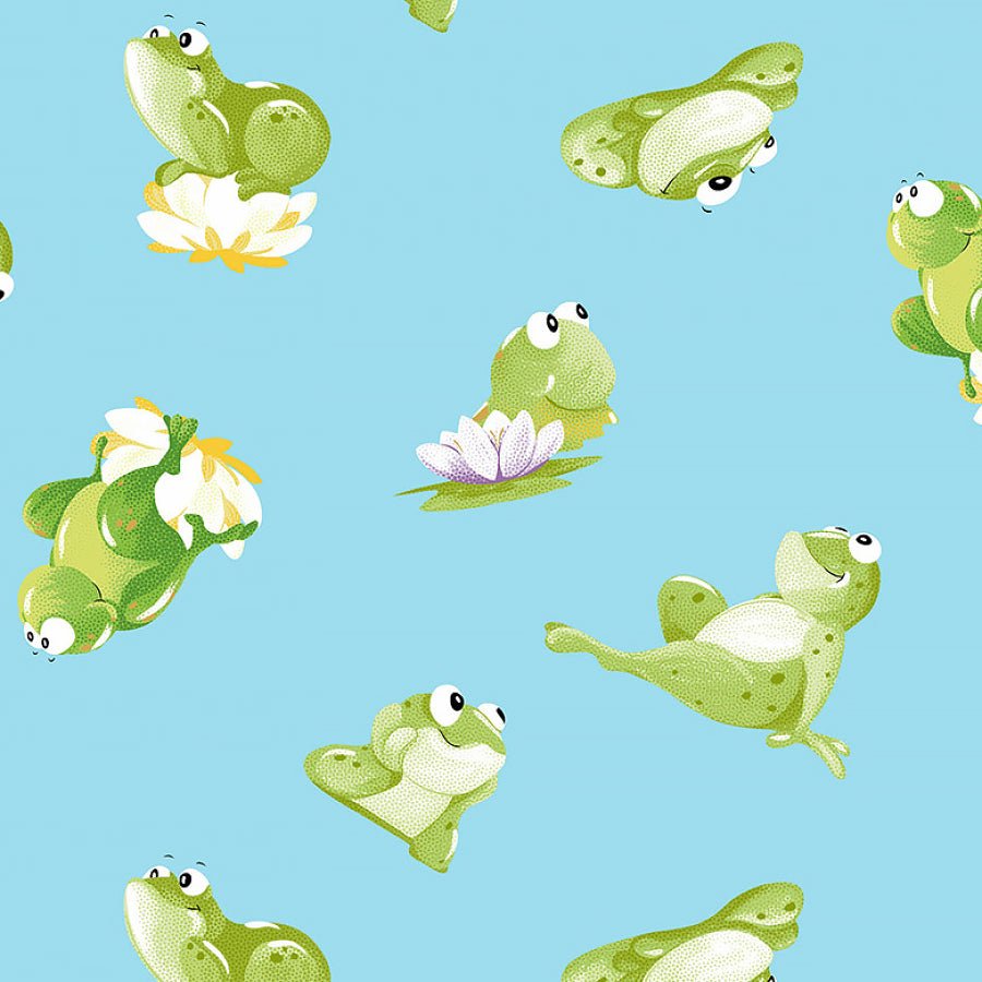 Paul's Pond Tossed Frogs Aqua - Susybee Fabrics from Fort Worth Fabric Studio