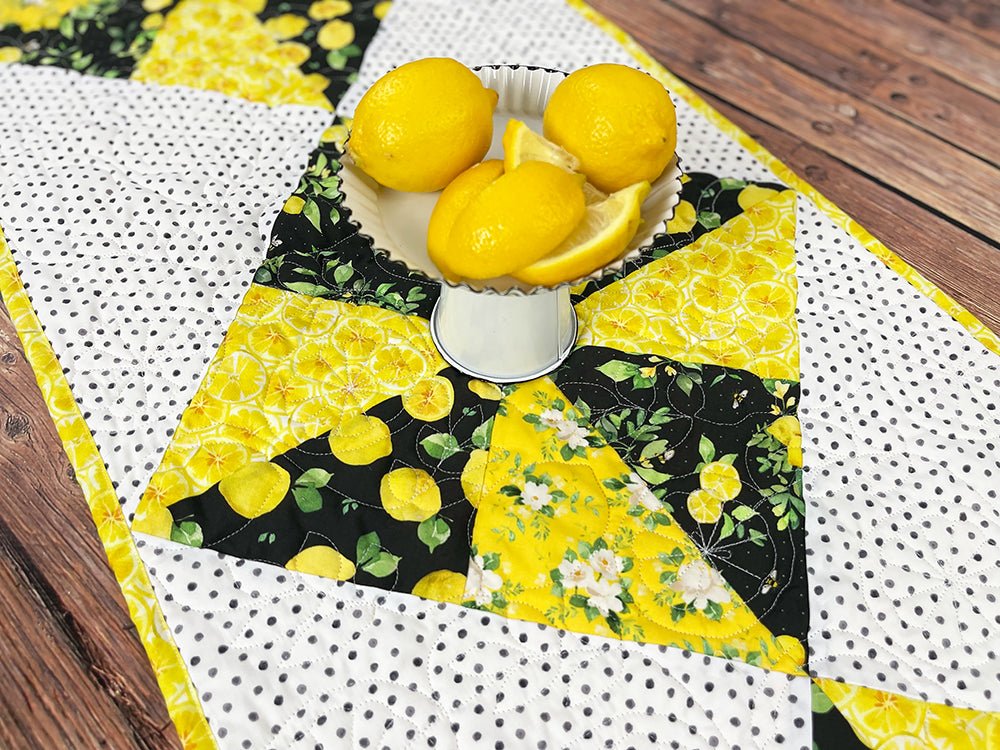 Pin - Tucked Pinwheel Table Runner Kit with Clothworks Lemon Zest - Fort Worth Fabric Studio from Fort Worth Fabric Studio