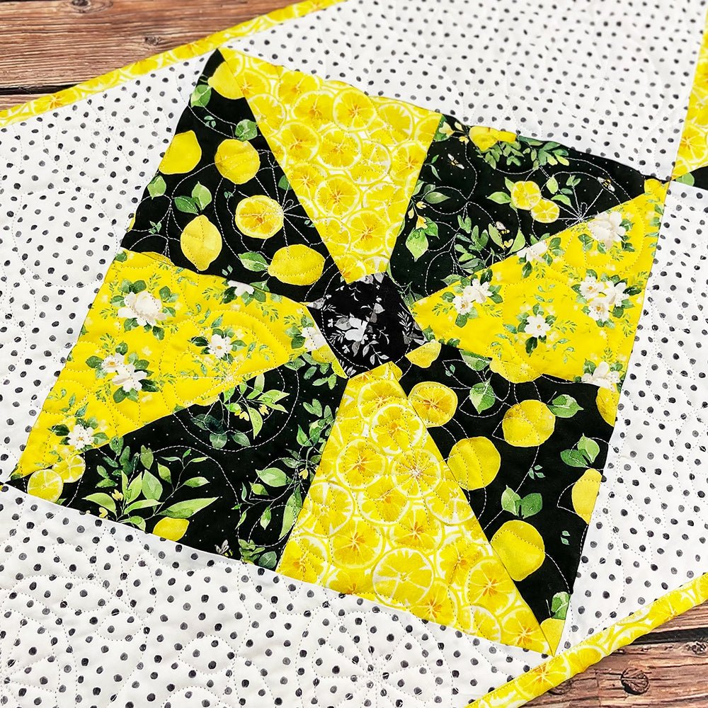 Pin - Tucked Pinwheel Table Runner Kit with Clothworks Lemon Zest - Fort Worth Fabric Studio from Fort Worth Fabric Studio