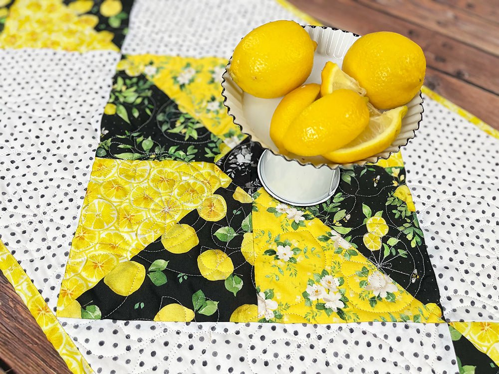 Pin - Tucked Pinwheel Table Runner Kit with Clothworks Lemon Zest - Fort Worth Fabric Studio from Fort Worth Fabric Studio