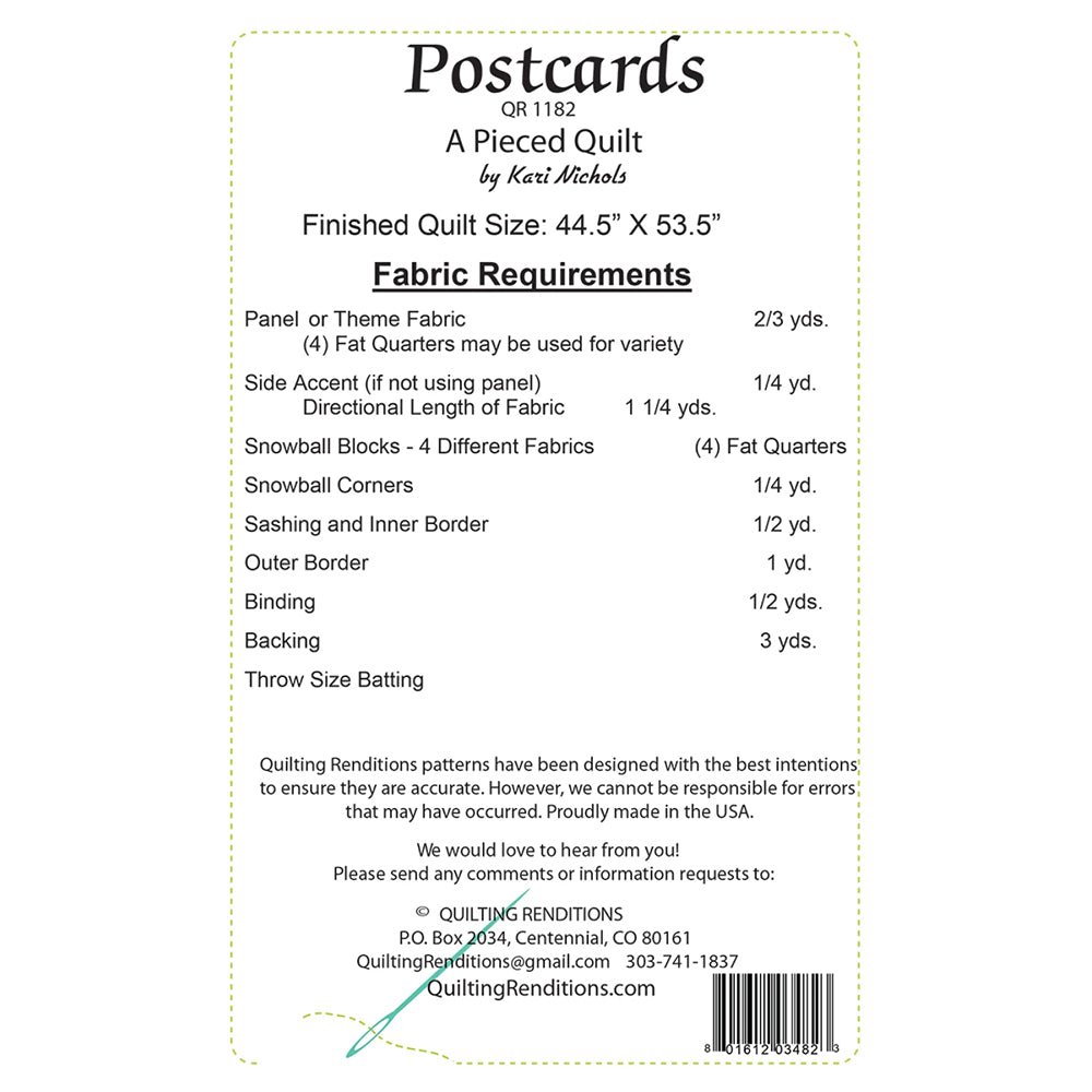Postcards Quilt Pattern by Quilting Renditions - Quilting Renditions from Fort Worth Fabric Studio